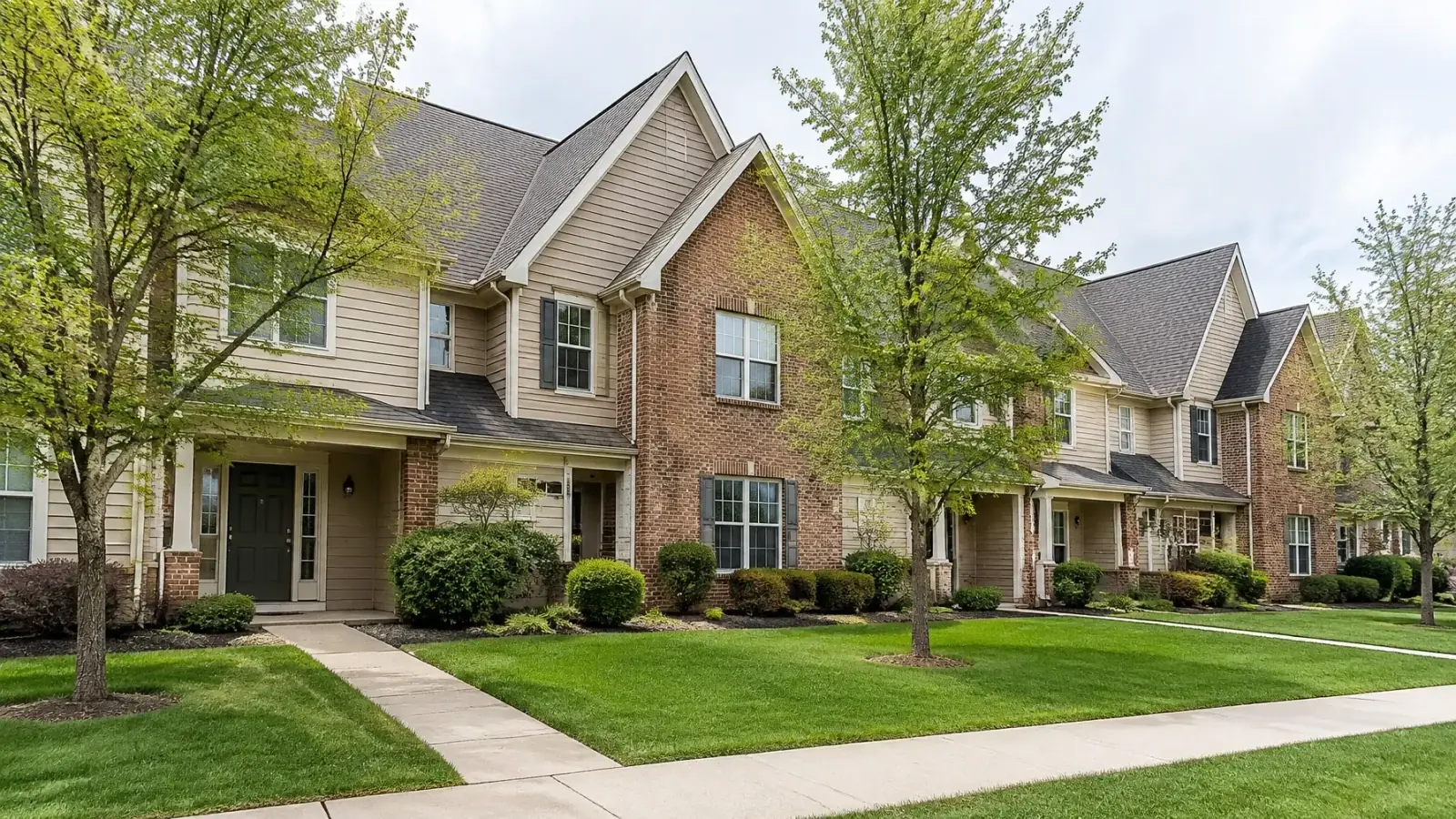 Townhome-style investment property with pitched asphalt-shingle rooflines